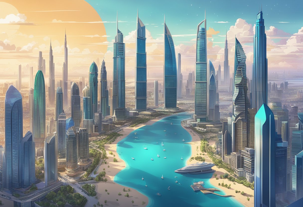 A skyline of Dubai with iconic buildings and a graph showing rising financial crime risks in 2024