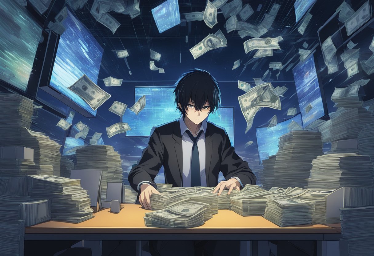 A dark, shadowy figure transfers large sums of money between offshore accounts, while a web of complex financial transactions unfolds in the background