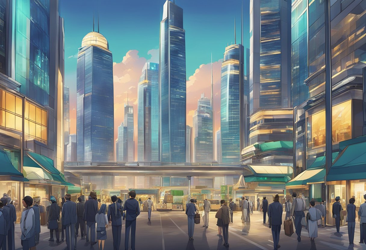 A bustling financial district in the UAE, with government officials overseeing compliance measures and law enforcement agencies monitoring for financial crime risks